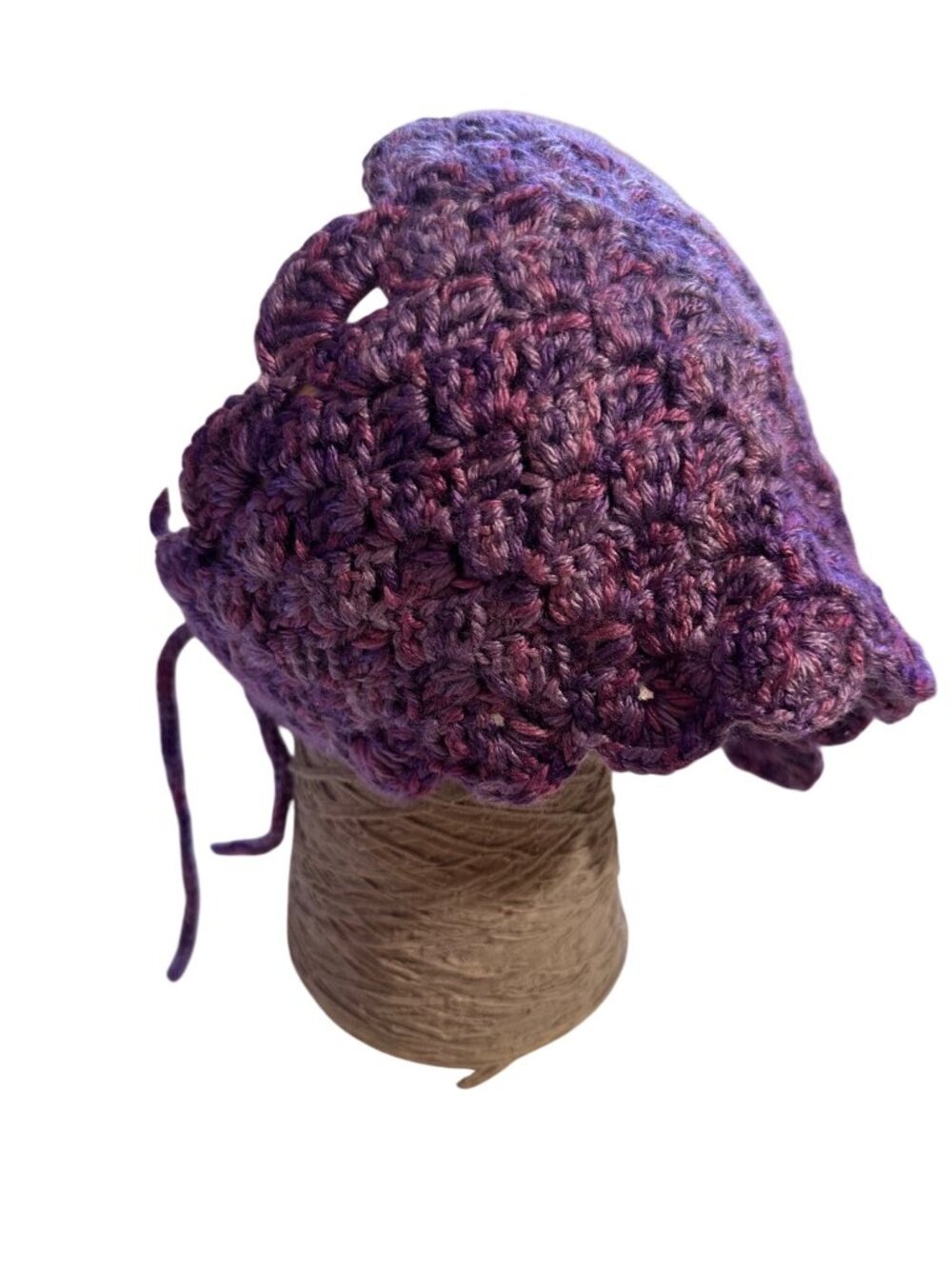 Handmade Crochet Bandana Scarf In Purple & Pink Tones With Scalloped Edges And T